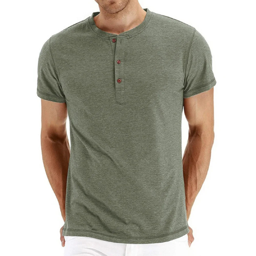 Men's Quality Cotton T-Shirt Henry Neck Slim Fit Solid Tees