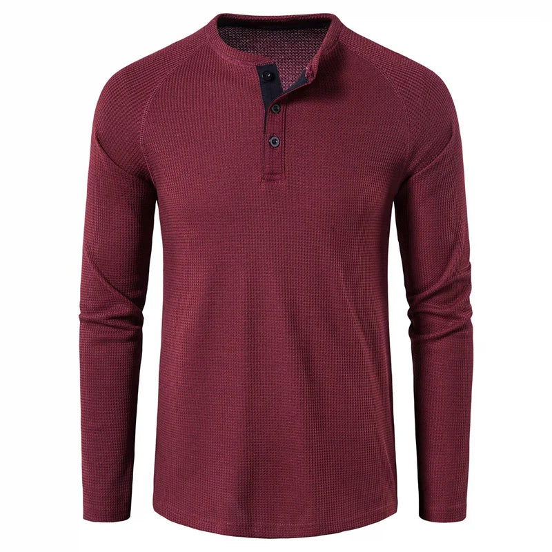 Fashion Waffle Cotton T Shirt Men Slim Fit Long Sleeve Henley