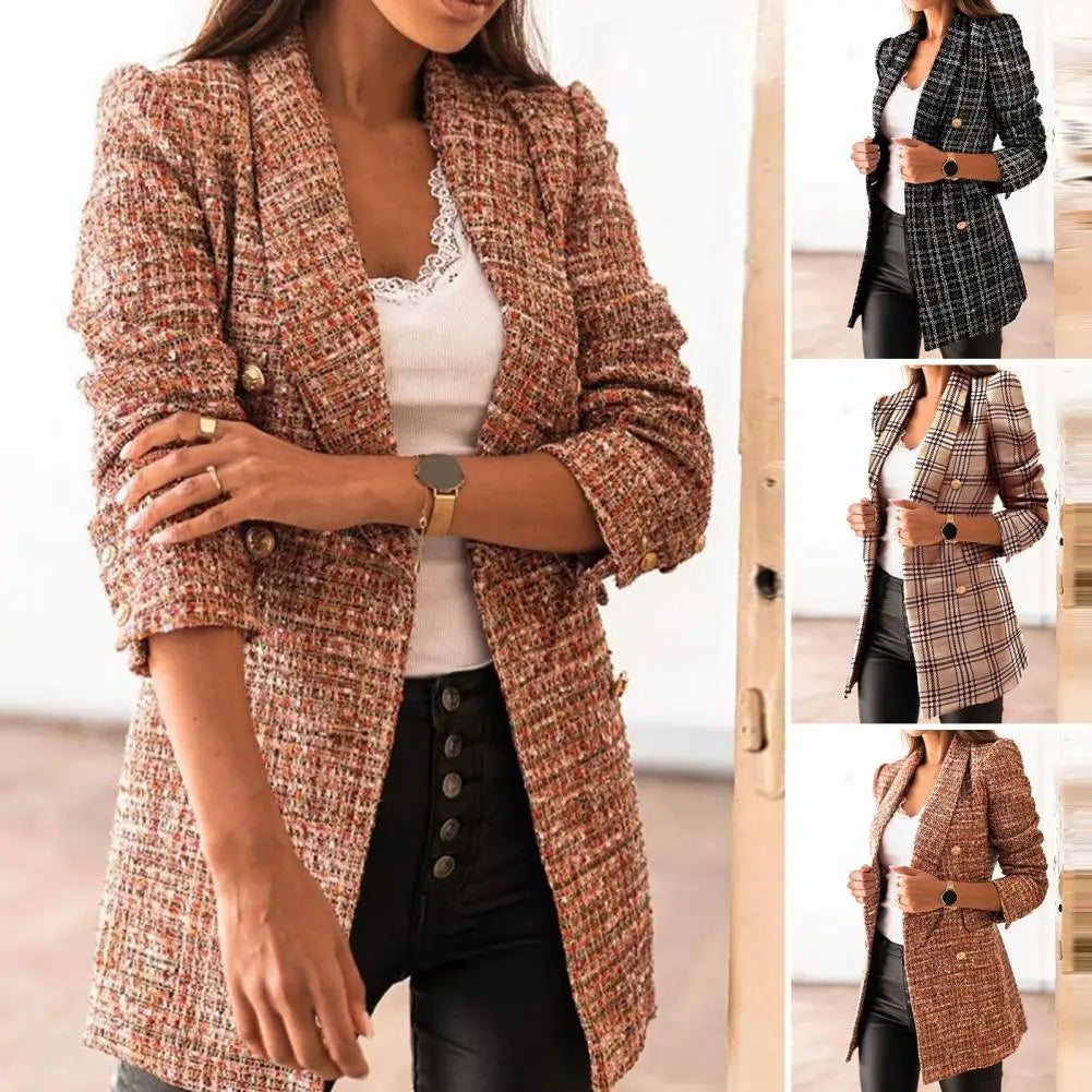 Chic Women Autumn Blazer Formal Winter Coat Thermal Plaid