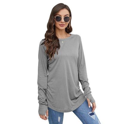 Women's T-Shirt Solid Round Neck Loose Long Sleeve Top