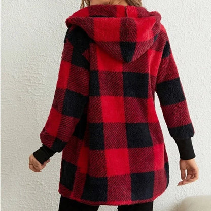 Women Autumn Winter Double Fleece Plaid Cardigan Soft Loose Long Sleeve Plush Warm Hooded Jacket