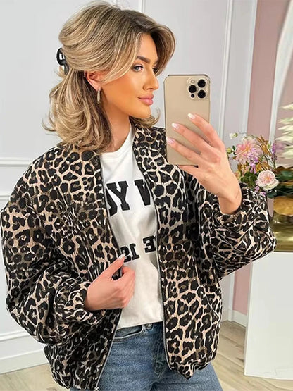 Leopard Printed Jacket Women Turn-down Collar Full Sleeve Zipper