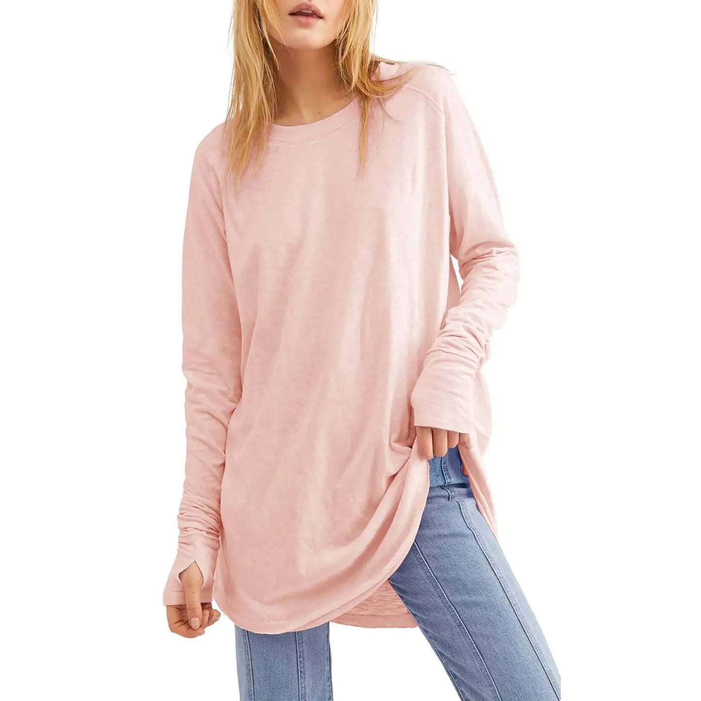 Women's T-Shirt Solid Round Neck Loose Long Sleeve Top