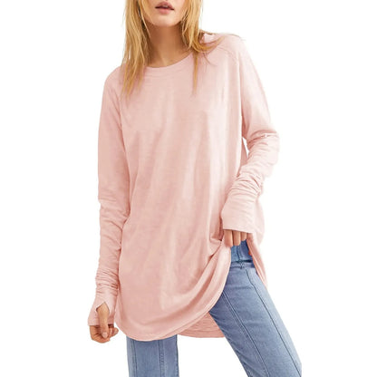 Women's T-Shirt Solid Round Neck Loose Long Sleeve Top