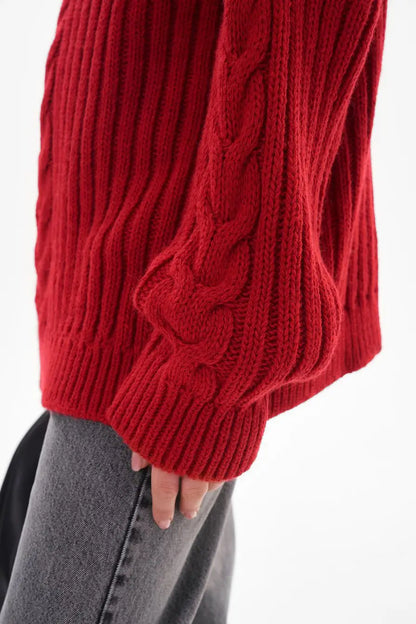 Red Sweater Women Zipper Jacquard Turtleneck Casual Jumper