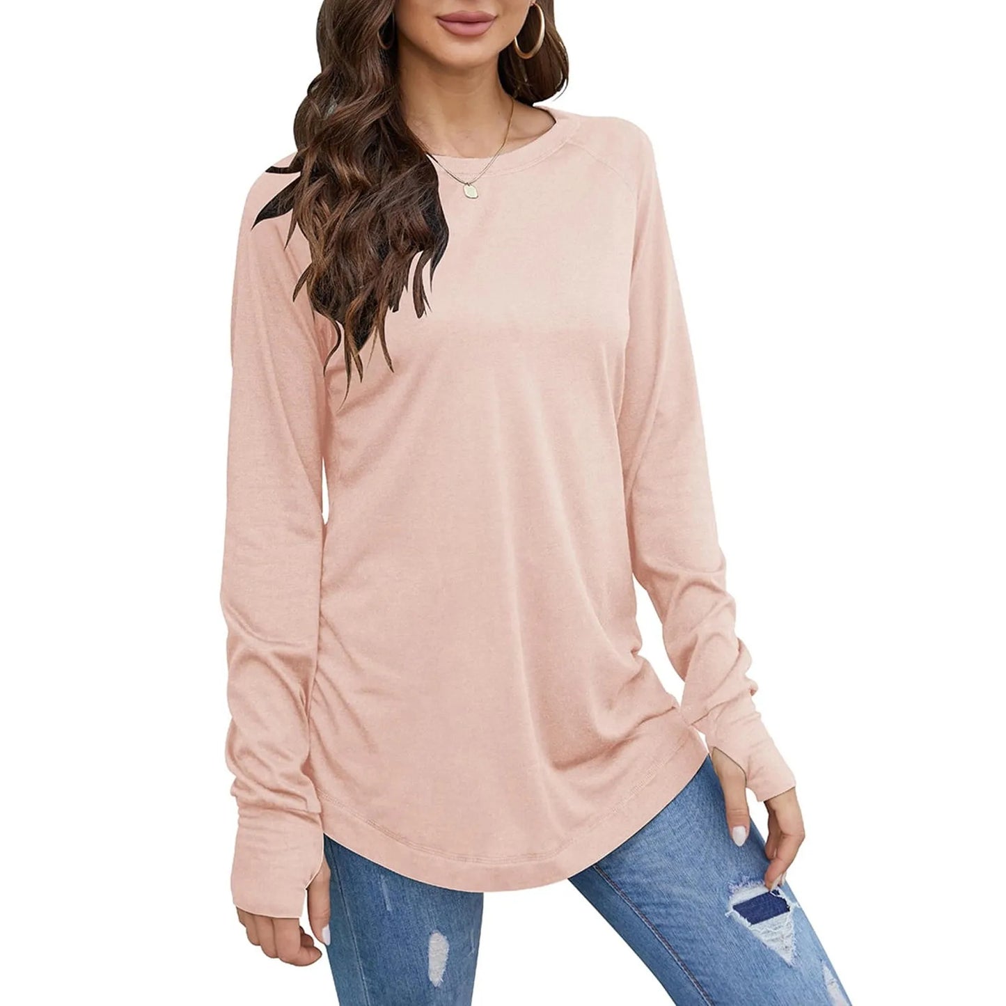 Women's T-Shirt Solid Round Neck Loose Long Sleeve Top