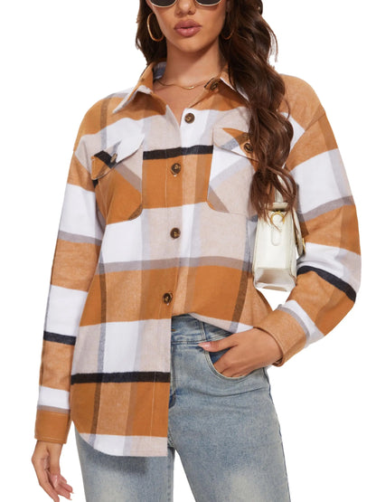 Women's Flannel Plaid Casual Button Down Blouse