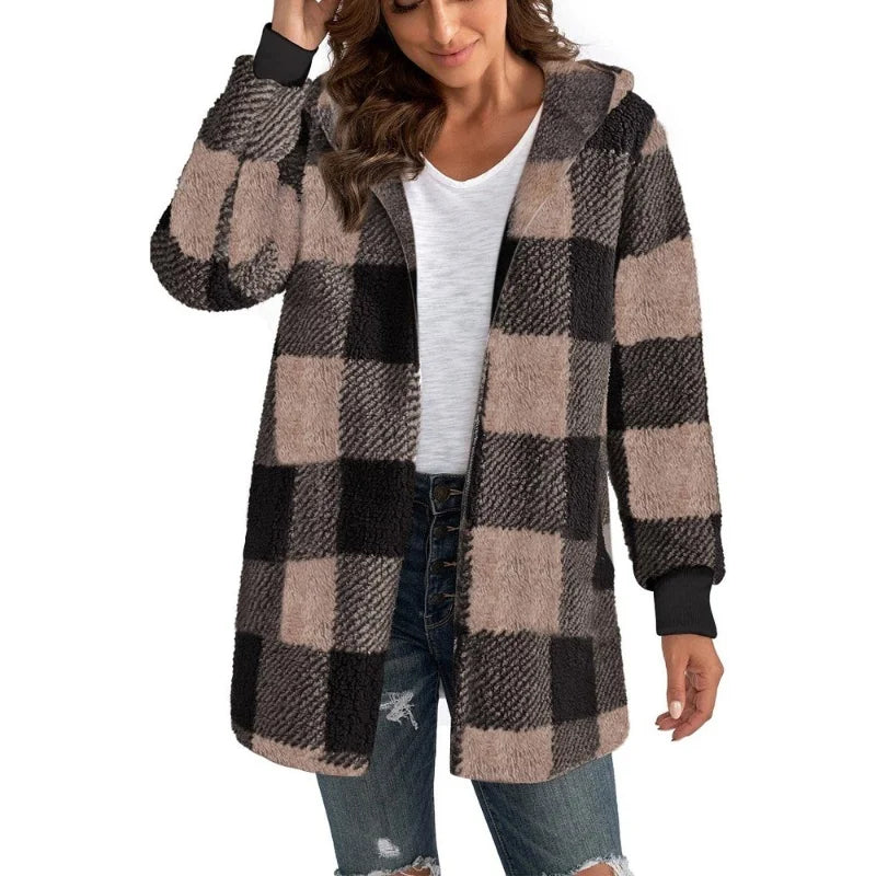 Women Autumn Winter Double Fleece Plaid Cardigan Soft Loose Long Sleeve Plush Warm Hooded Jacket