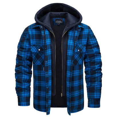 Plaid Flannel Shirt Jacket Mens Quilted Hooded Coats