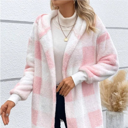 Women Autumn Winter Double Fleece Plaid Cardigan Soft Loose Long Sleeve Plush Warm Hooded Jacket