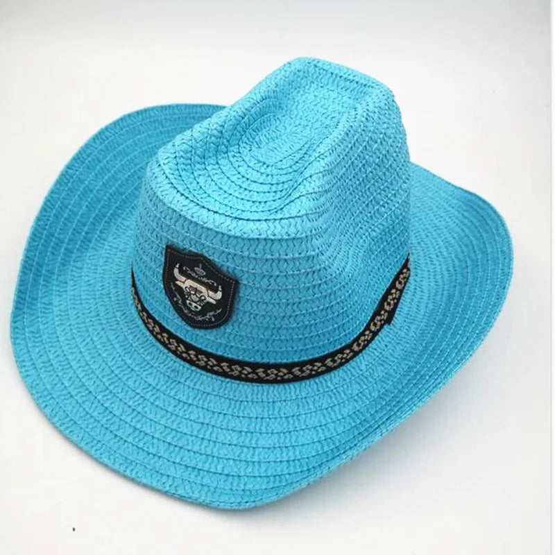 Summer Men Bull Badge Cowboy Straw Sunhat With Rope Fedora