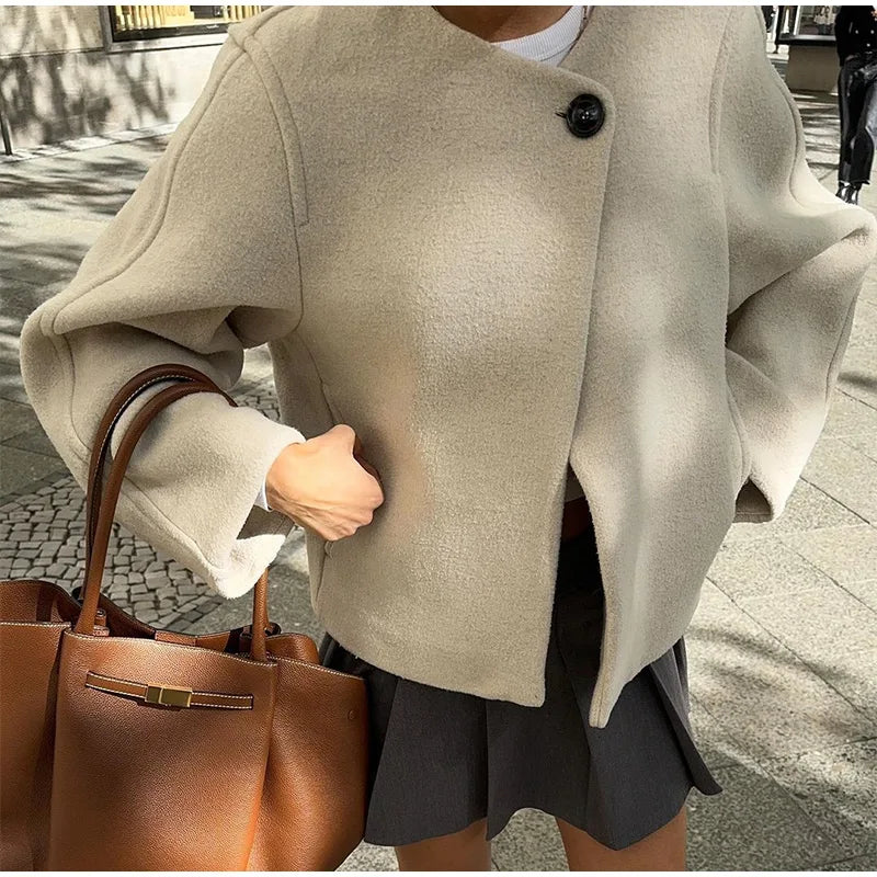 Elegant Solid Round Neck Loose Short Coat Women's Fashion