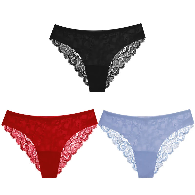 TrowBridge 3PCS Women's Panties Set Soft Silk Satin Lace Underwear