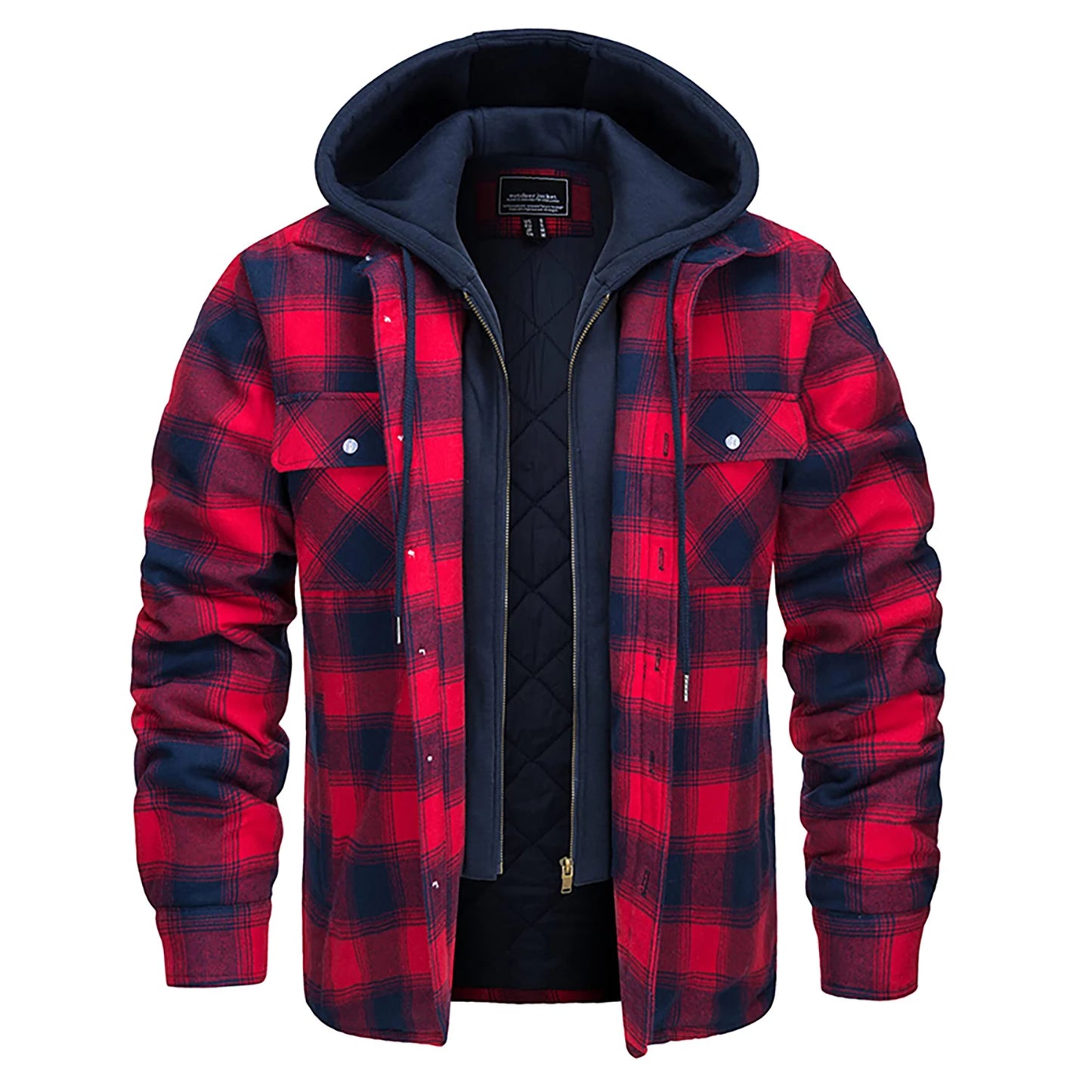 Plaid Flannel Shirt Jacket Mens Quilted Hooded Coats