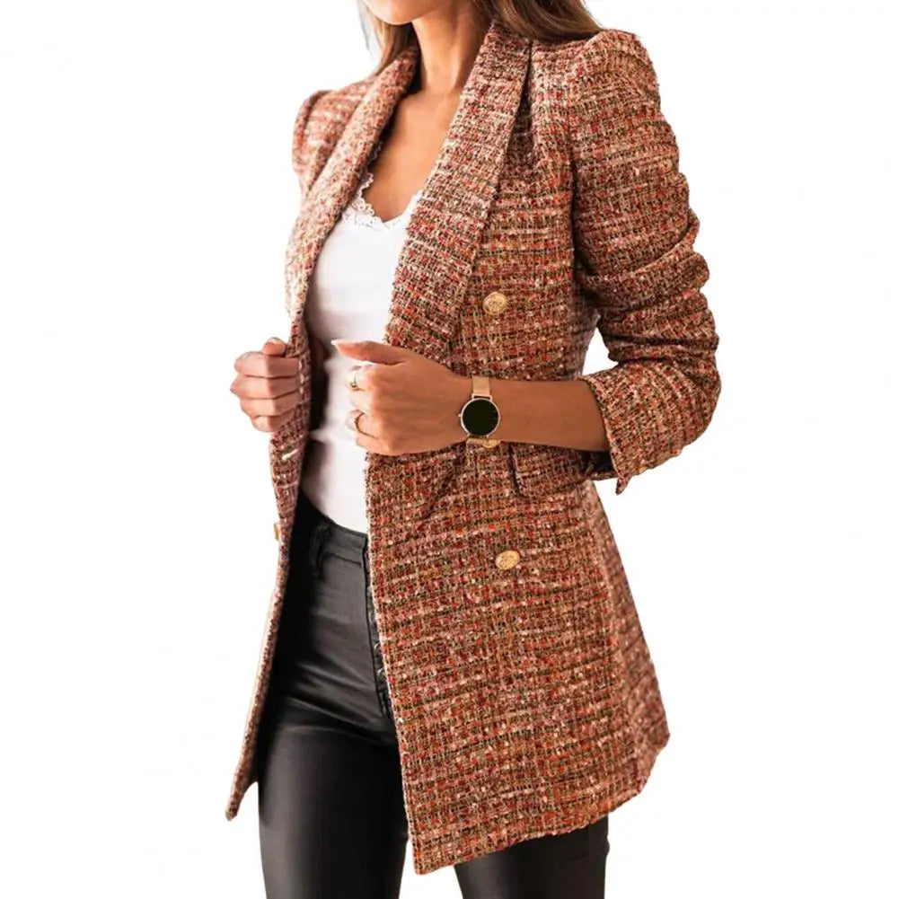 Chic Women Autumn Blazer Formal Winter Coat Thermal Plaid