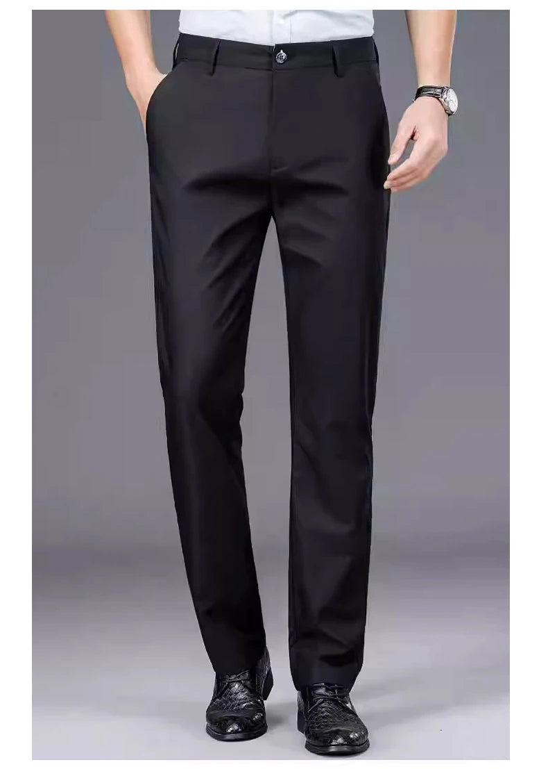 Male Pants Stretch Solid Black Smart Casual Trousers