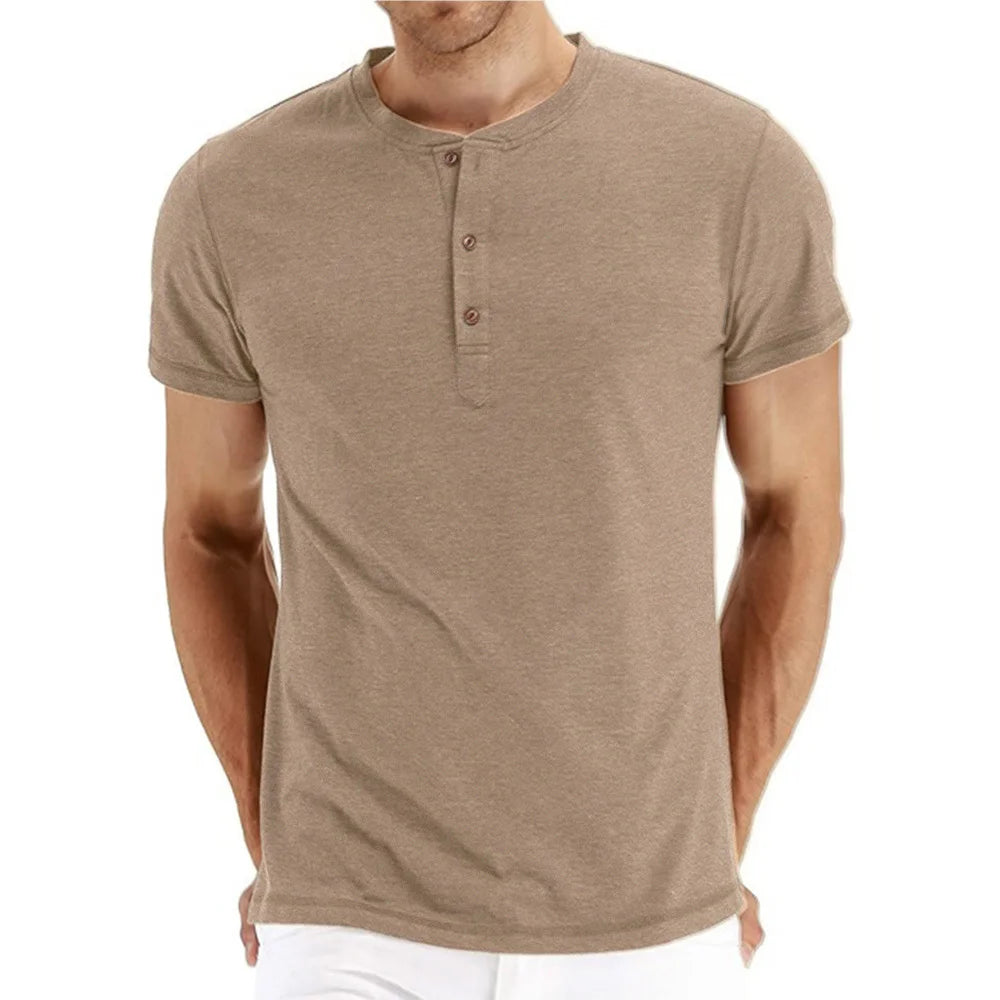 Men's Quality Cotton T-Shirt Henry Neck Slim Fit Solid Tees