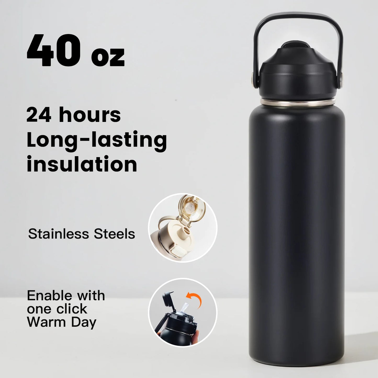 40oz Insulated Water Bottle with Straw Handle