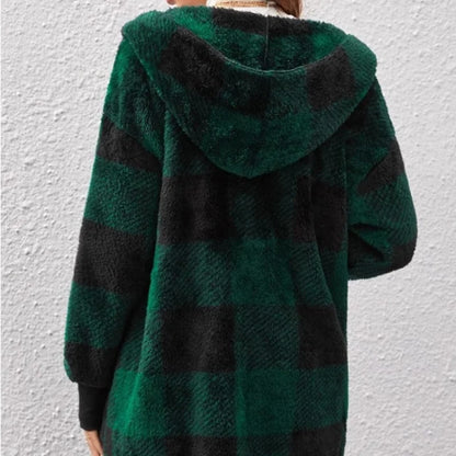 Women Autumn Winter Double Fleece Plaid Cardigan Soft Loose Long Sleeve Plush Warm Hooded Jacket