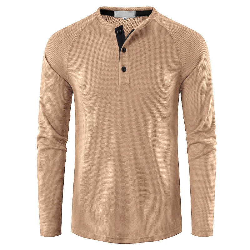 Fashion Waffle Cotton T Shirt Men Slim Fit Long Sleeve Henley