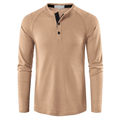 Fashion Waffle Cotton T Shirt Men Slim Fit Long Sleeve Henley