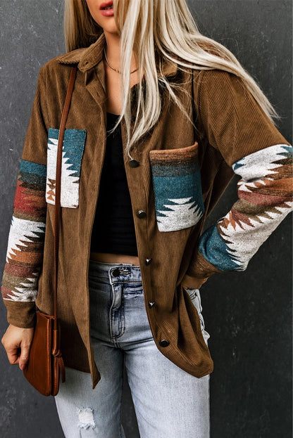 KHALEE YOSE Khaki Aztec Corduroy Jacket Boho Long Sleeve