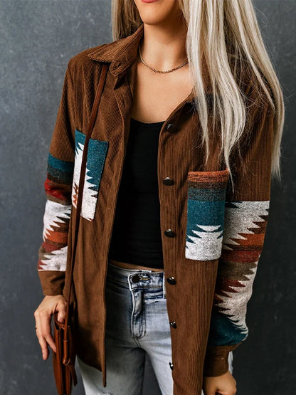 KHALEE YOSE Khaki Aztec Corduroy Jacket Boho Long Sleeve