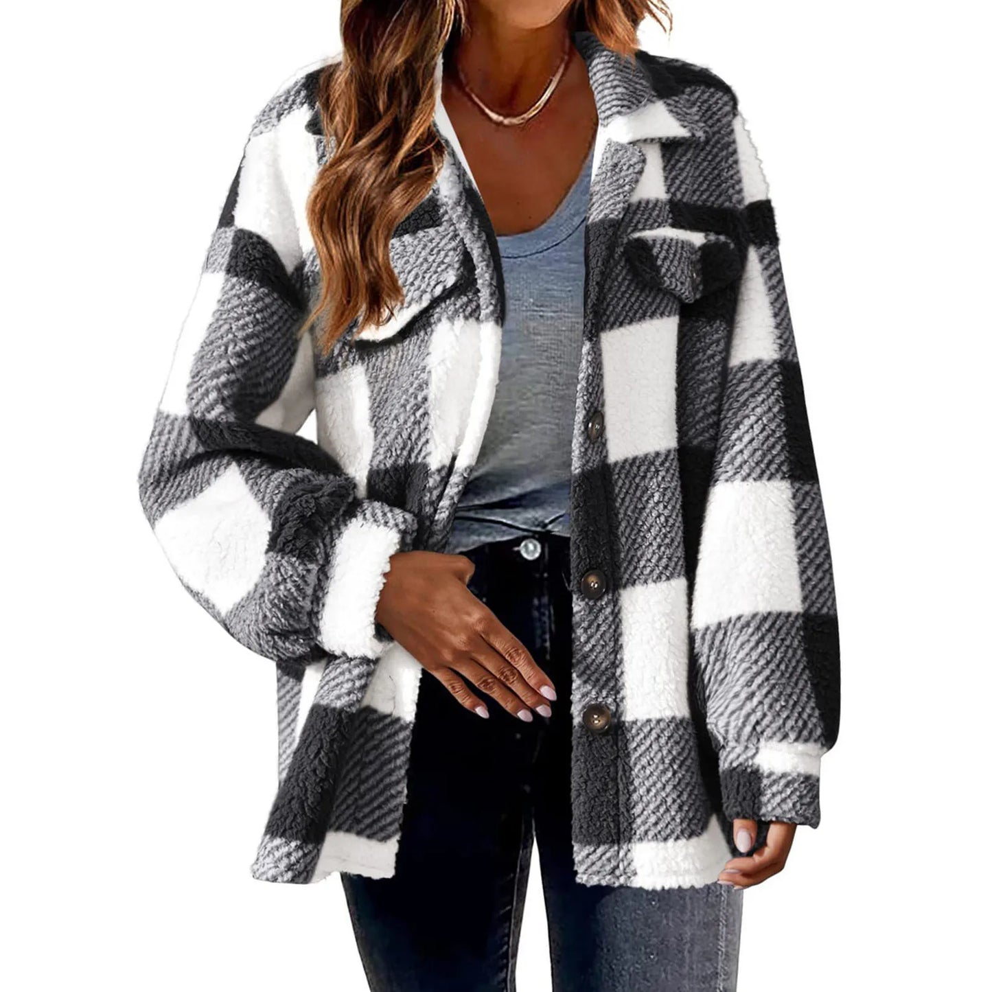 Winter Lady Coat Contrast Color Plush Lined Flannel Jacket