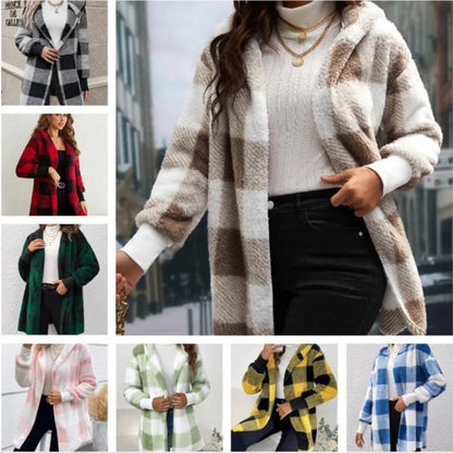 Women Autumn Winter Double Fleece Plaid Cardigan Soft Loose Long Sleeve Plush Warm Hooded Jacket