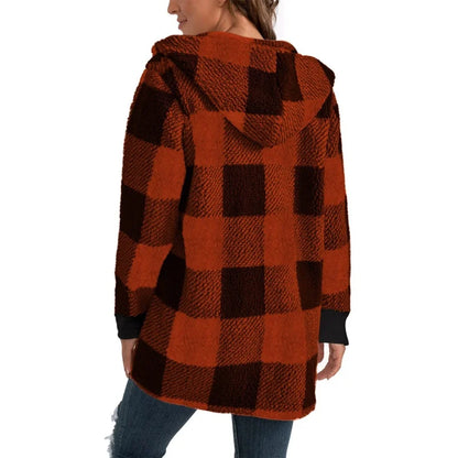 Women Autumn Winter Double Fleece Plaid Cardigan Soft Loose Long Sleeve Plush Warm Hooded Jacket