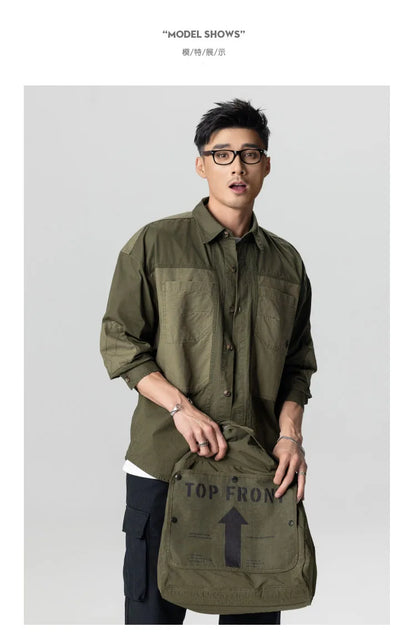 Men American Retro Splice Pure Cotton Casual Long Sleeve Shirt