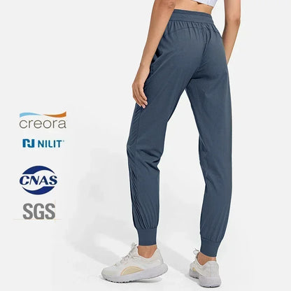 Women Middle Waist Sport Pants Thin Breathable Fabric Jogger Trousers With Pockets Fitness Yoga Pants