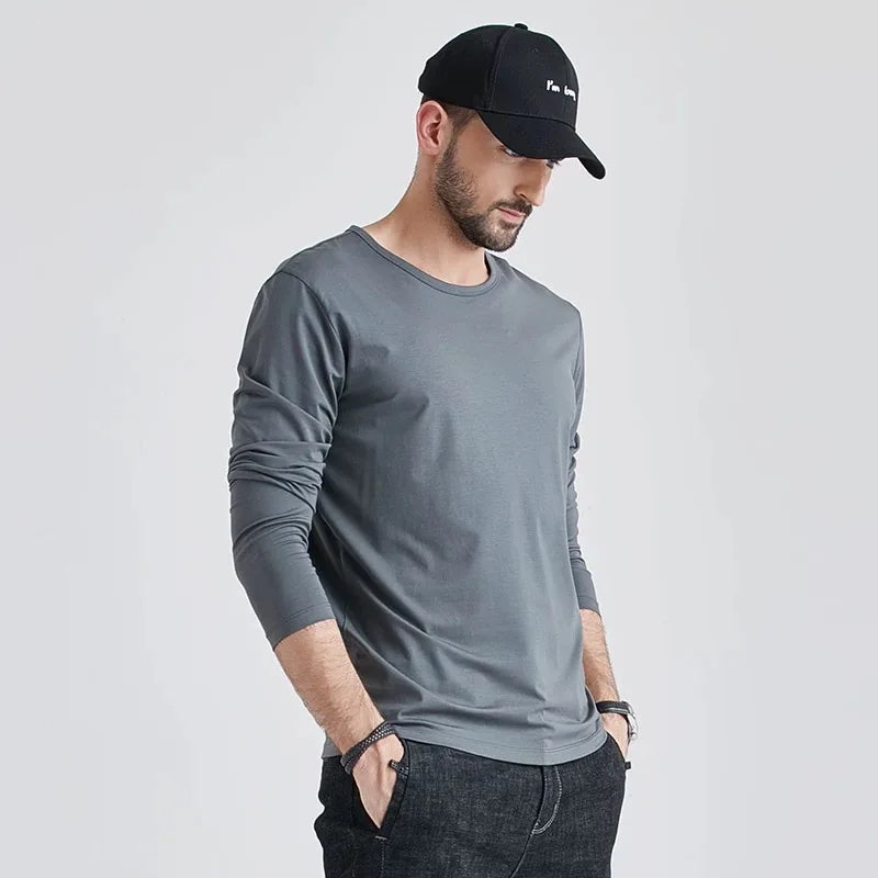 Large Size Solid Color Tops Men Long Sleeves Cotton T-shirt