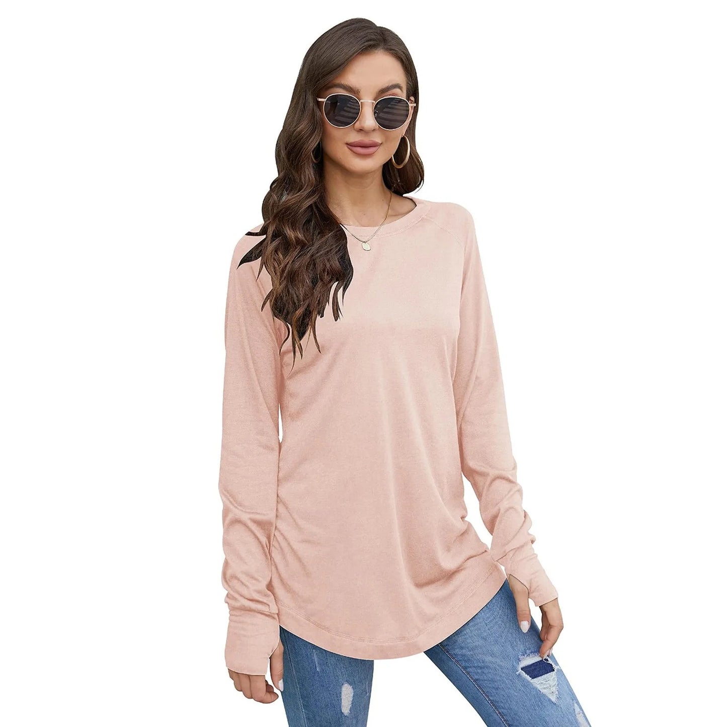 Women's T-Shirt Solid Round Neck Loose Long Sleeve Top