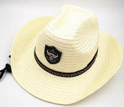 Summer Men Bull Badge Cowboy Straw Sunhat With Rope Fedora