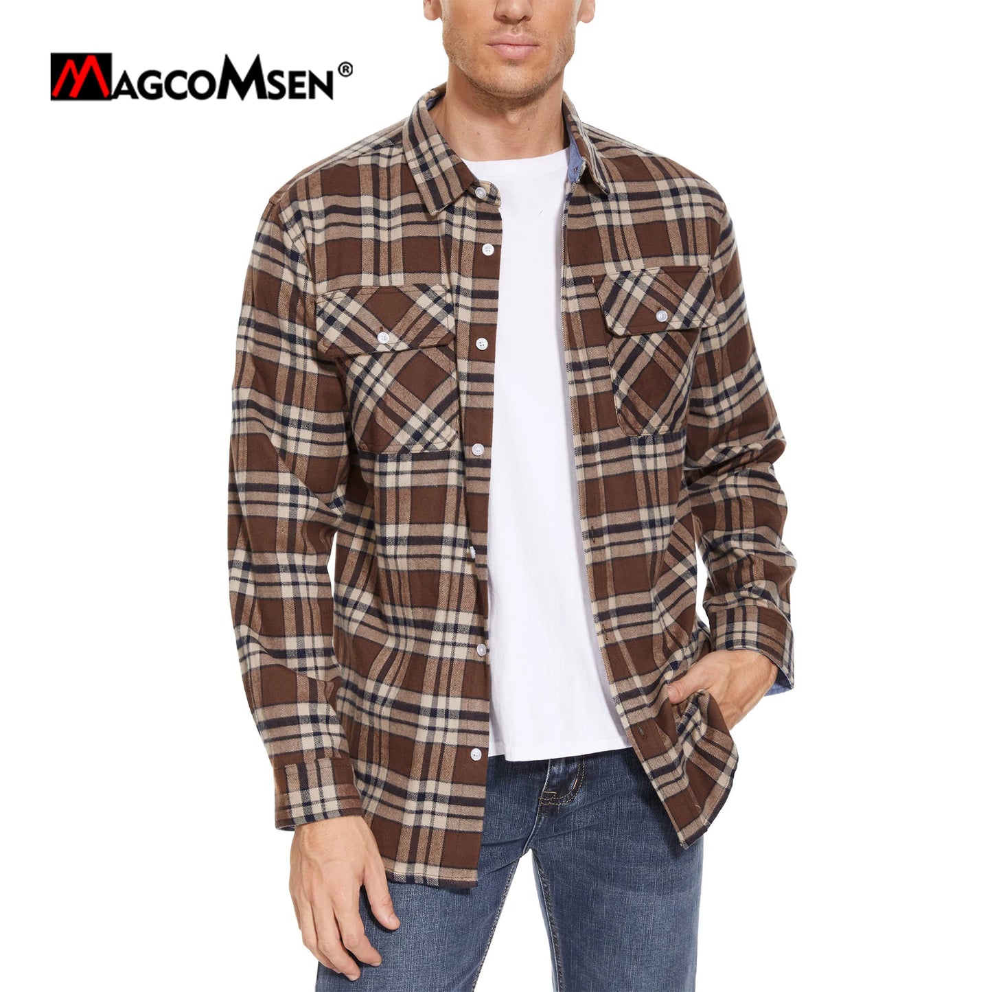 MAGCOMSEN Autumn Windproof Men's Flannel Shirt Warm Casual