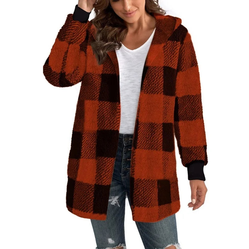 Women Autumn Winter Double Fleece Plaid Cardigan Soft Loose Long Sleeve Plush Warm Hooded Jacket