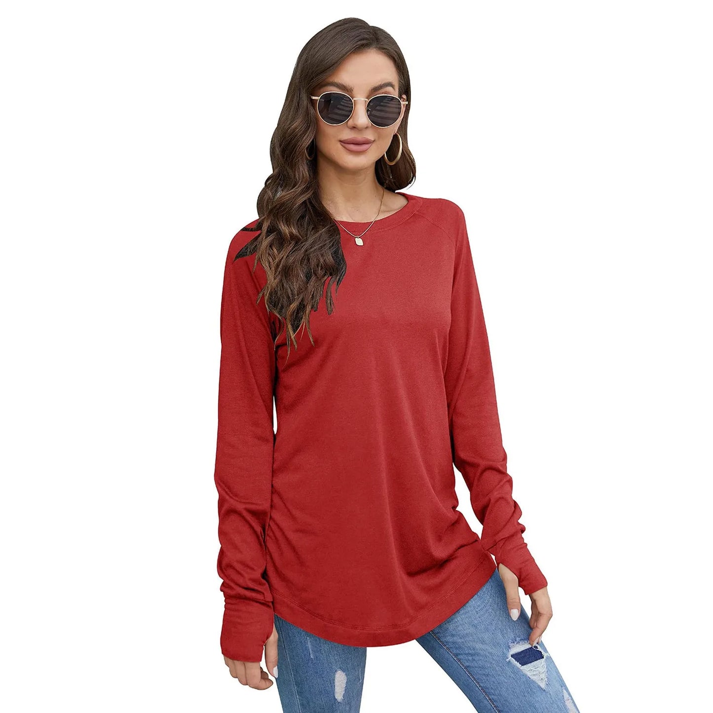 Women's T-Shirt Solid Round Neck Loose Long Sleeve Top