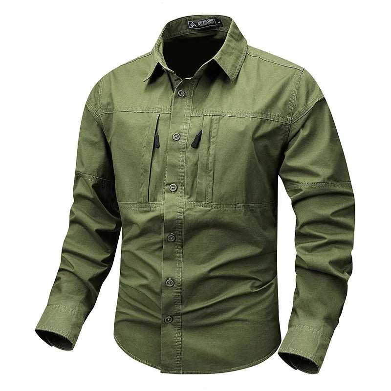 Retro Workwear Men's Long Sleeved Shirt Pocket Design