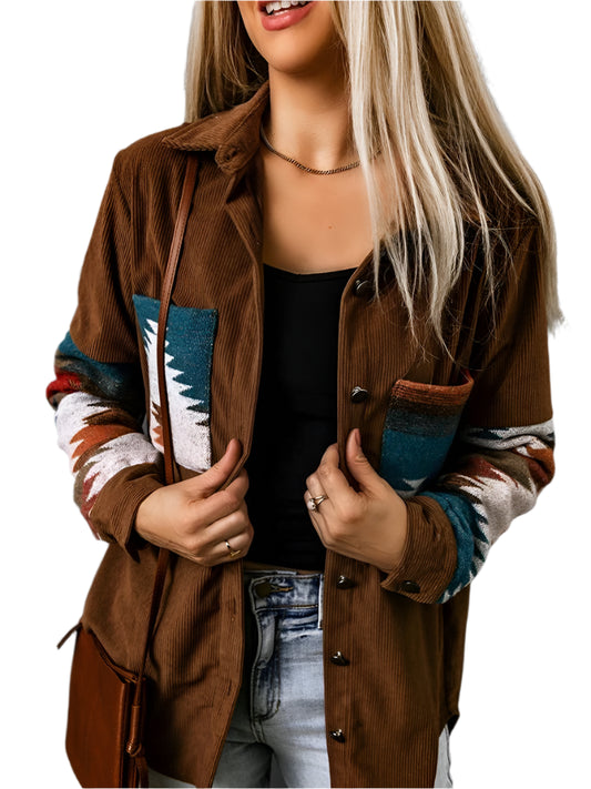 KHALEE YOSE Khaki Aztec Corduroy Jacket Boho Long Sleeve