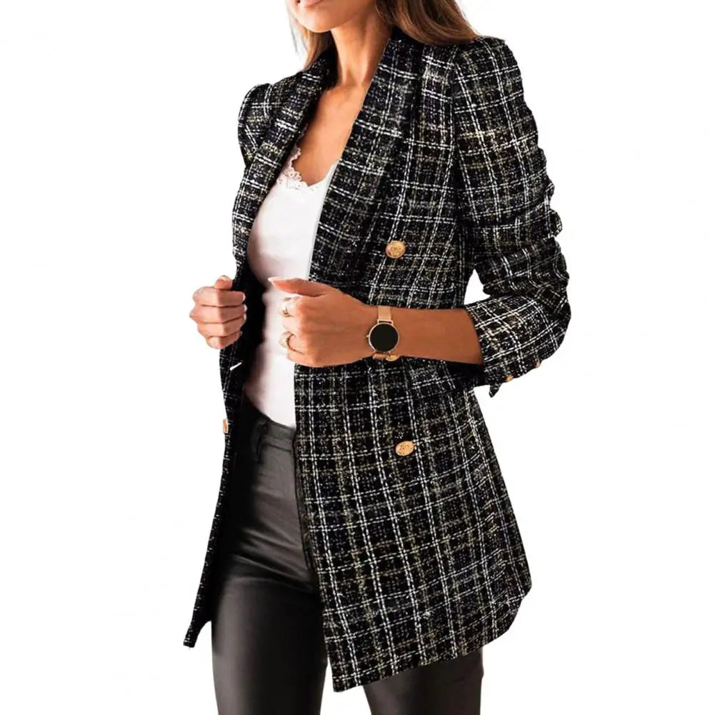 Chic Women Autumn Blazer Formal Winter Coat Thermal Plaid