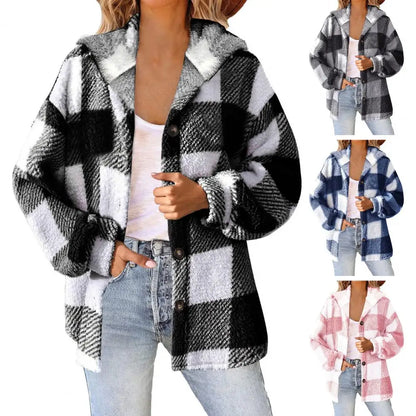 Winter Lady Coat Contrast Color Plush Lined Flannel Jacket