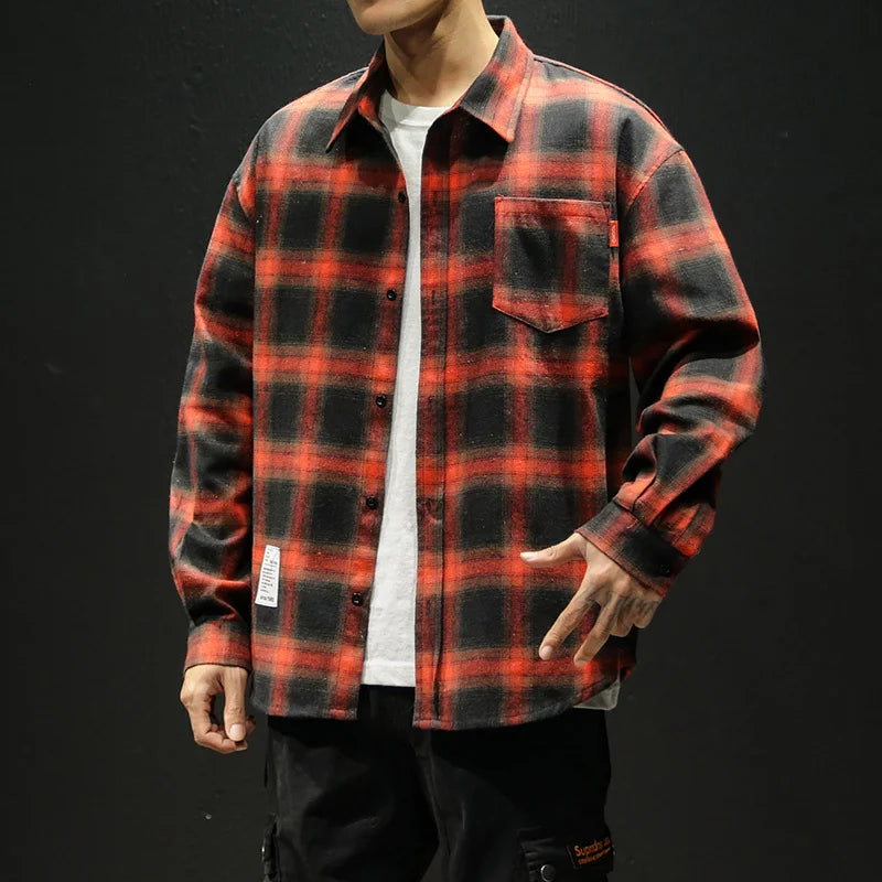 2023 Spring Autumn Casual Plaid Men's Loose Long-sleeved Shirt