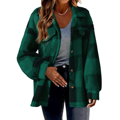 Winter Lady Coat Contrast Color Plush Lined Flannel Jacket