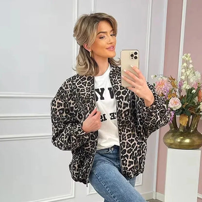 Leopard Printed Jacket Women Turn-down Collar Full Sleeve Zipper