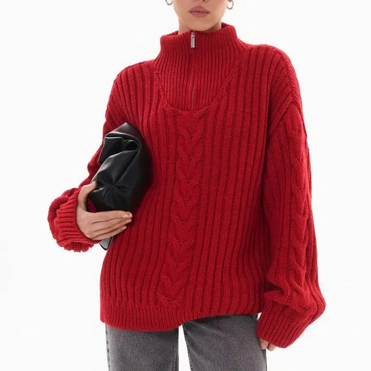 Red Sweater Women Zipper Jacquard Turtleneck Casual Jumper