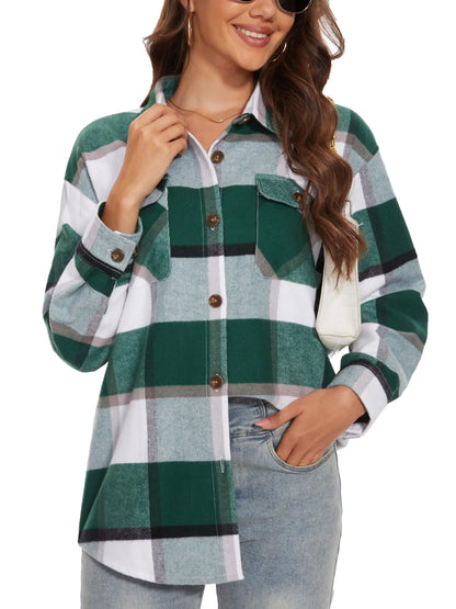 Women's Flannel Plaid Casual Button Down Blouse