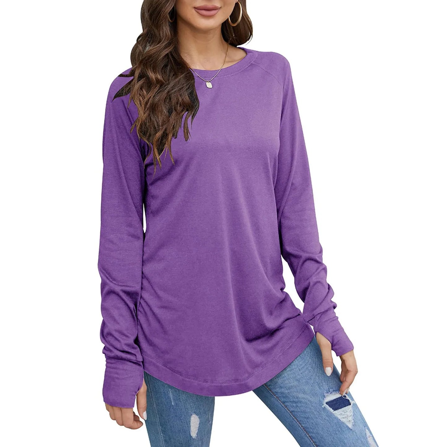 Women's T-Shirt Solid Round Neck Loose Long Sleeve Top