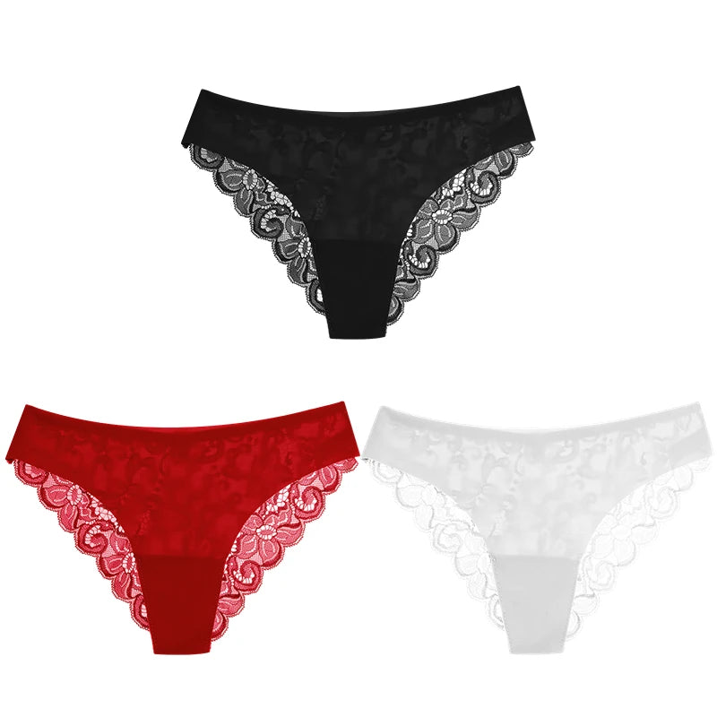 TrowBridge 3PCS Women's Panties Set Soft Silk Satin Lace Underwear