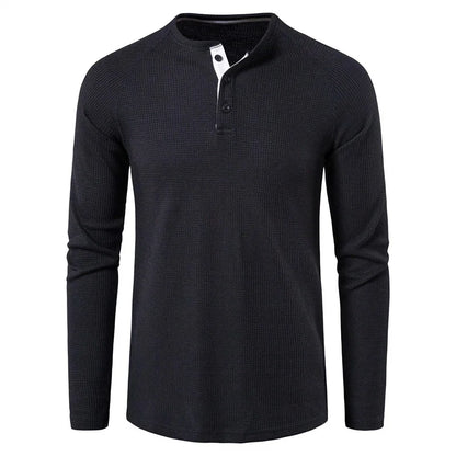 Fashion Waffle Cotton T Shirt Men Slim Fit Long Sleeve Henley